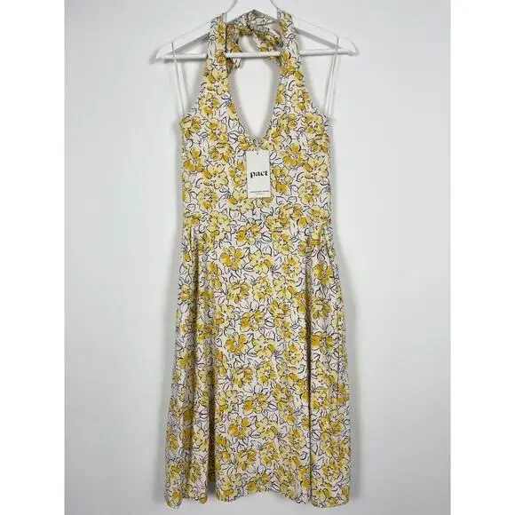 NWT Pact Organic Cotton Fit Flare Halter Dress Size Small Pockets Yellow Floral - Picture 2 of 10